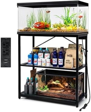 Akvarieborde |   Fishtank Stativ 10-30 Gallon, 1000Lb Kapacitet Akvarium Stativ Med Opladningsstation, 31″ L X 16″ W Metal Reptil Tank Stativ, Dobbelt Opbevaringsdesign Justerbare Hylder, Sort (Tank Ikke Inkluderet)