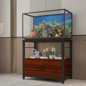 Akvarieborde |   Fishtank Stativ Metal Akvarium Stativ Med Skab Tilbehør Opbevaring 40-50 Gallon, Dobbelt Lag Metal Med Opbevaring Vægtkapacitet 760Lbs, Sort Teaktræ Brun