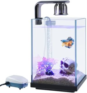 Akvarier og fiskeskåle |   1,5 Gallon Mini Glas Akvarium Fisketank: 9 Tommer Høj Lille Akvarium Sæt Med Filtersystem/LED Lys/Dekoration, Betta Fiskeskål/Guldfisketank/Rejeakvarium