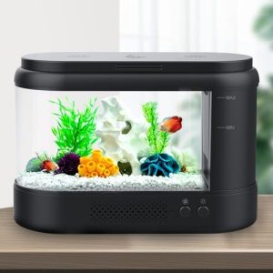 Akvarier og fiskeskåle |   Akvariesæt 1,8 gallon lille Betta fisketank med justerbar LED-belysning (9 farver), indvendig filterpumpe og luftrensningsaromaterapi-funktion til hjemmekontor (sort)