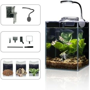 Akvarier og fiskeskåle |   Fishtank Akvarium 1,5 Gallon Aio Startpakke, inklusive HD Float Glas Lille Fiskeskål, Selv-rensende Filter, Lys, Sten, Grus, Planter, Rengøringsværktøj Sæt. Begyndergave til Snegle, Guppy, Rejer.