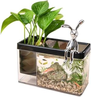 Akvarier og fiskeskåle |   Fisketank Betta Fiskeskål, Plast Fiskeskål Mini Fisketank Desktop Cube Tank Med Dekorative Kaniner, Til Betta Fisk Planter Hjemme Kontor Dekoration Gaver