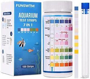 Akvarietest sæt |   Akvarieteststrips til søde vandfisk: 7 i 1 fiskevandstestkit til akvarium og dam – Nøjagtig test af nitrat, nitrit, hårdhed, frit klor, pH, karbonat og total alkalinitet – 100 strips